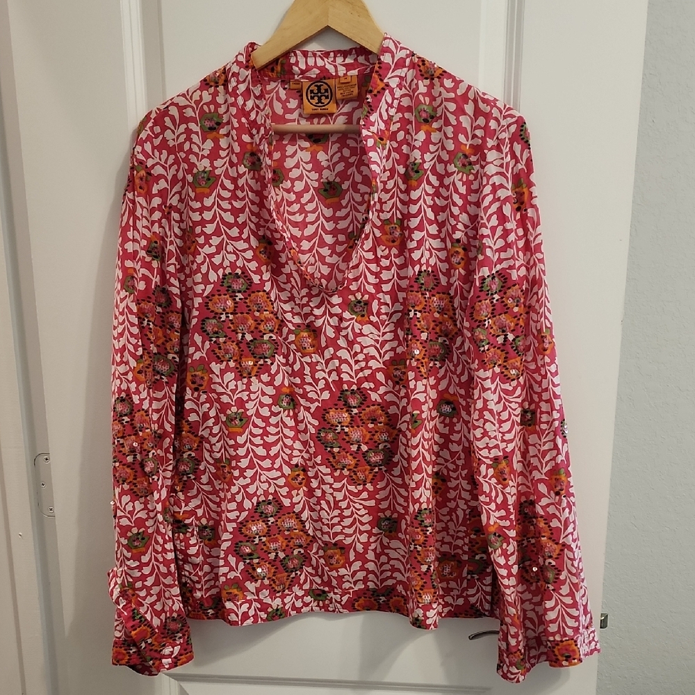 Tory Burch Semi-Sheer Pink Floral Cowl-Neck Long Sleeve Top